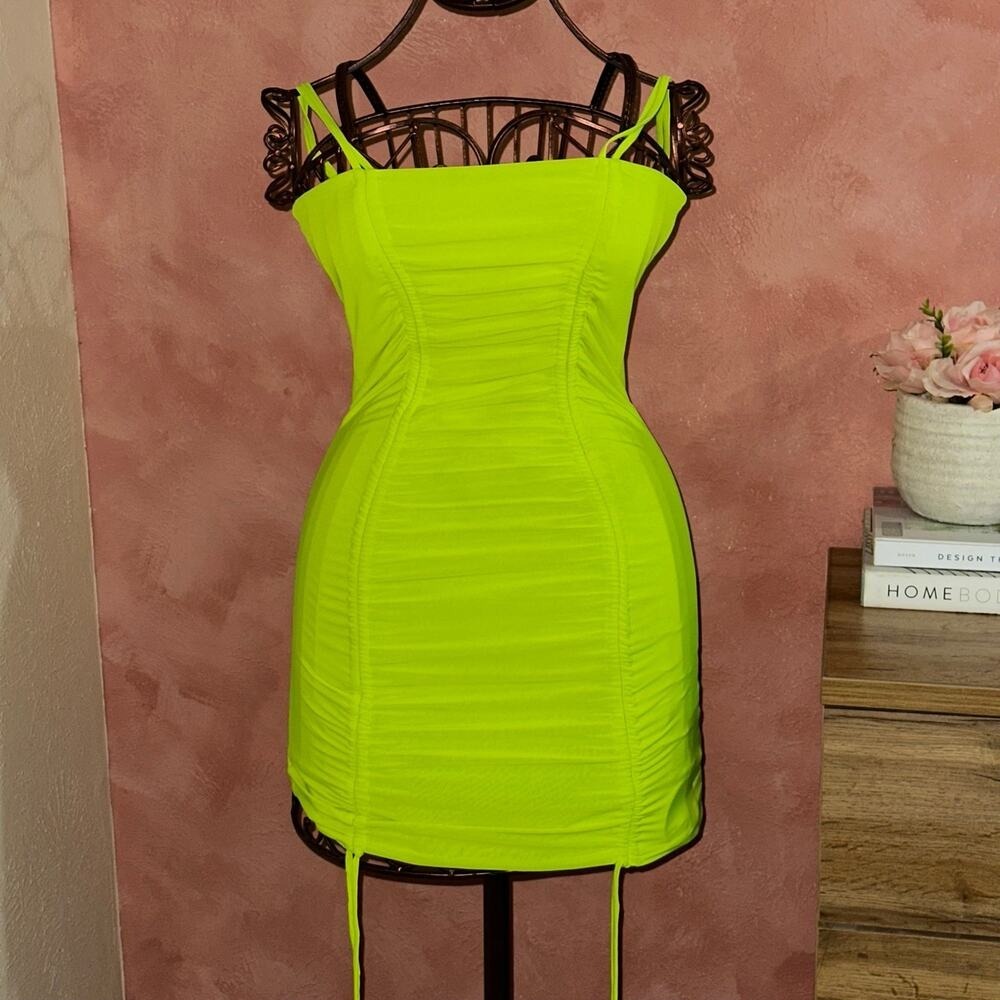 Neon Lime Green Ruched Bodycon Mini Dress Double Strap Drawstring Small
